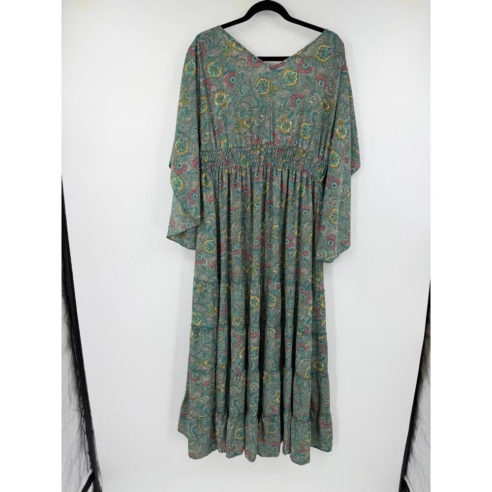 Anthropologie Boemo Green midi dress Paisley Tiered smocked Size L  Boho Regency - Picture 2 of 11